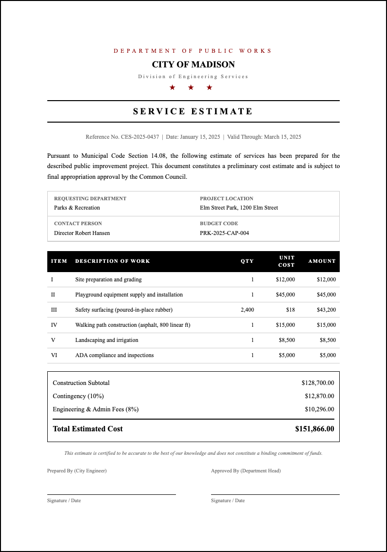 Official government service estimate